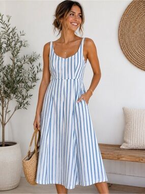 Old Navy Blue White Striped Linen Blend Midi Sundress Sleeveless Size Medium